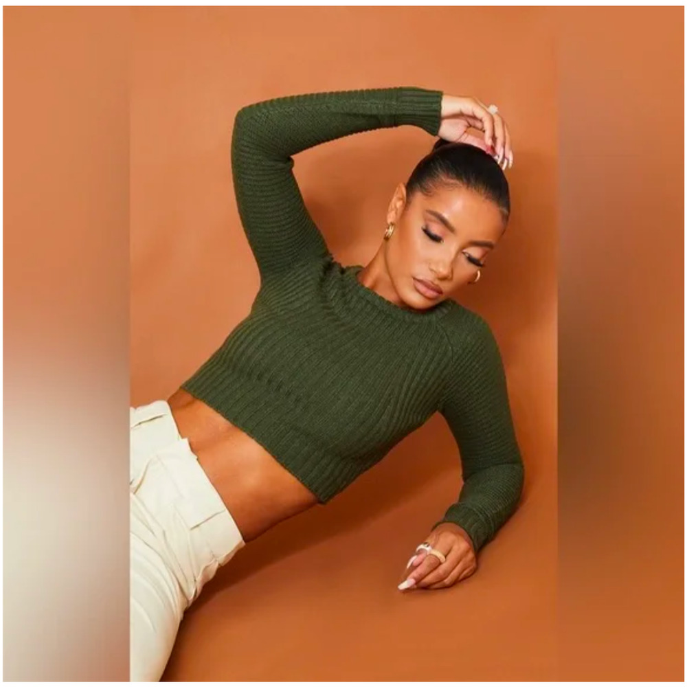 PrettyLittleThing Khaki (Green) Ribbed Cropped Knit Top UK Size XL NWT